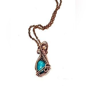 HAND CRAFTED Persian Turquoise Wire Wrapped Copper Pendant Necklace, Handmade